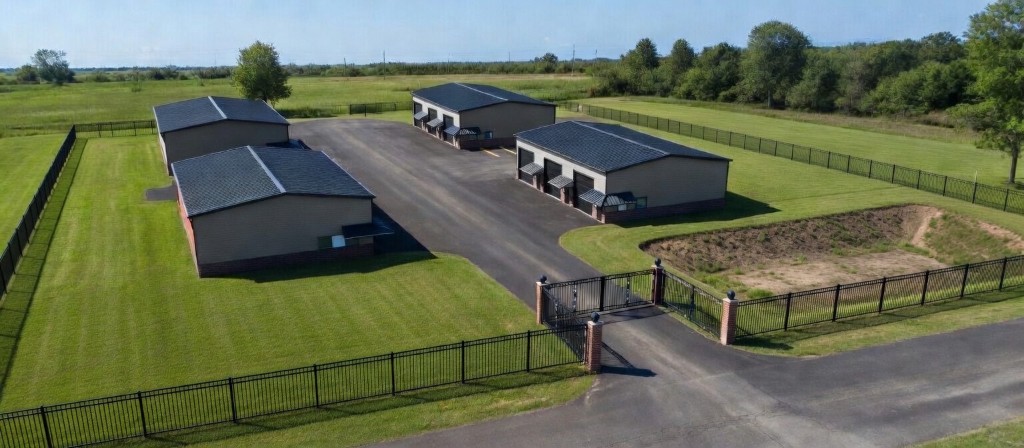 Aerial view of DGC: gated entry and four buildings around central courtyard